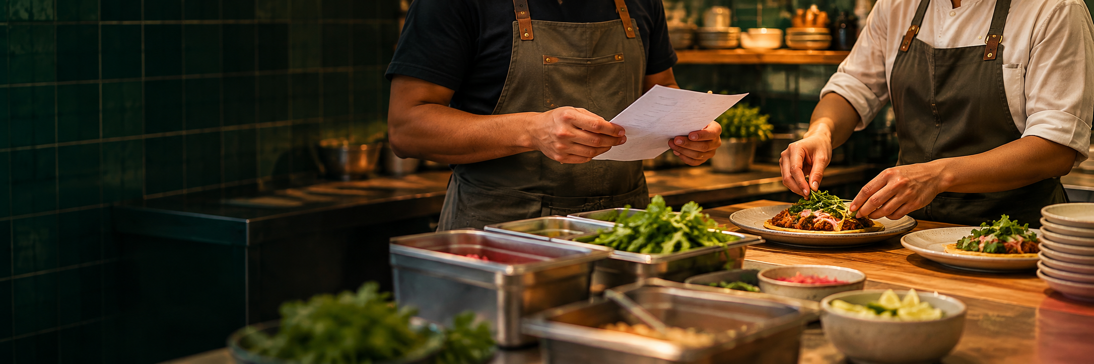 Dos integrantes de un equipo de restaurante revisan una lista y preparan platos para el servicio